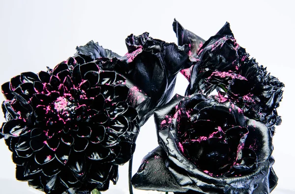 Rinnovare il concetto. attività di floristica. Glamour. arredamento antico metallizzato. bellezza grunge. Isolato su bianco. crisantemo nero argento e fiore di rosa. vintage retro. ricchezza e ricchezza — Foto Stock