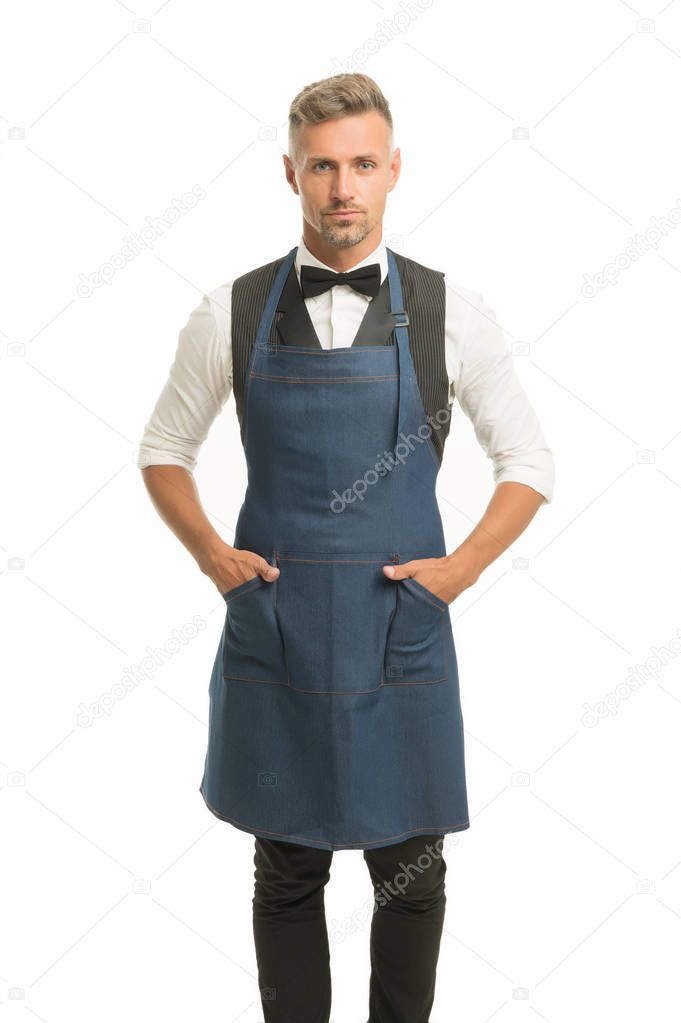 Hospitality staff. Barista handsome worker. Man cook wear apron. Mature barista. Restaurant staff. Hipster professional barista apron uniform. Waiter or bartender. Cafe bar barista job position