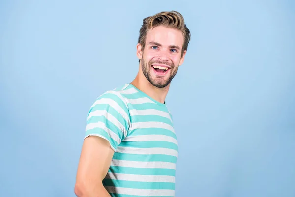 Happiness and joy. Cheerful smile. Humor laugh. Smiling guy fashion model. Smiling face expression. Good mood. Positive emotions concept. Man handsome hipster bristle facial hair smiling happy face — Stock Photo, Image