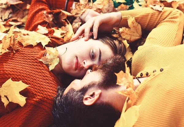 Girl and bearded guy or happy lovers on date cuddle. — Stock Photo, Image