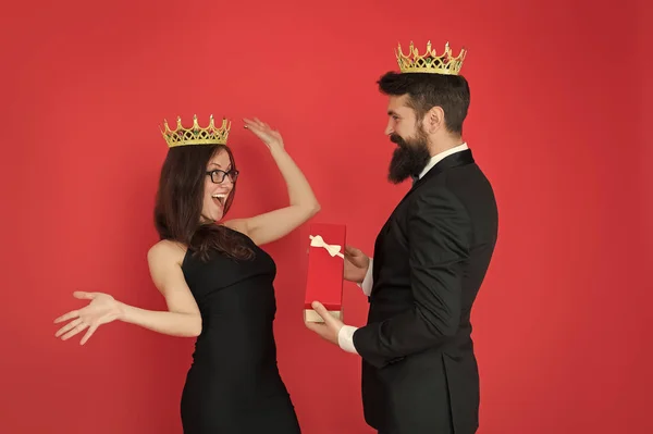 So happy. Formal couple. man in tuxedo and sexy woman. anniversary celebration. Bearded man and happy woman in crown. royal couple in love. date. fashion look. anniversary party. anniversary present