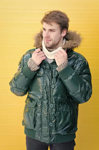 Man skäggiga hipster bär varm jacka med päls gul bakgrund. Guy Wear varm jacka med huva. Känn dig bekväm i varma kläder. Håll värmen. Bekväma vinterkläder. Vinterns snygga herrkläder — Stockfoto