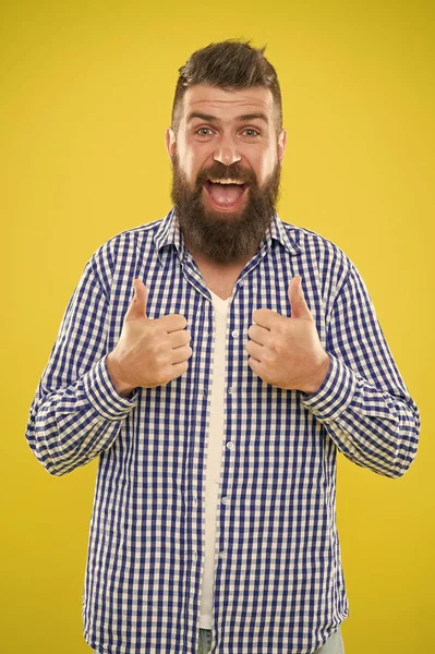 Tof job. Baard mode en kapper concept. Man bebaarde hipster stijlvolle baard gele achtergrond. Kapper tips handhaven baard. Stijlvolle baard en snor zorg. Hipster verschijning. Emotionele expressie — Stockfoto