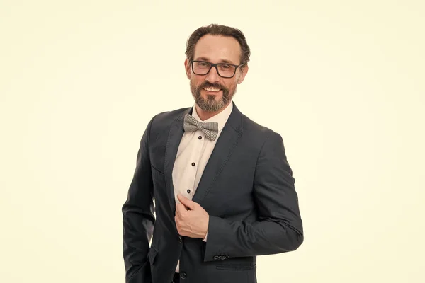 Businessman or host fashionable outfit isolated white. Man bearded hipster wear classic suit outfit. Formal outfit. Take good care of suit. Elegancy and male style. Fashion concept. Classy style
