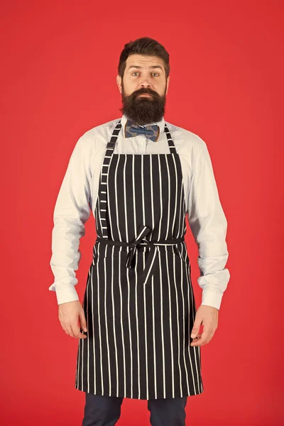 I am entirely at your service. A man servant. Bearded man wearing bib apron. Man cook with beard and mustache in cooking apron. Elegant waiter man or bartender