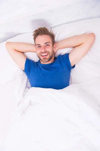 Bearded man face relaxing. Maintaining consistent circadian rhythm essential for general health. Man handsome guy relaxing in bed. Relaxing before fall asleep. Get enough amount of sleep every night — Stock Photo, Image