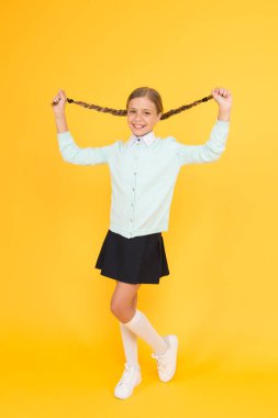 Eğitim faaliyetleri. Evde eğitim veya normal okul ziyaret. Çalışmanın verimliliği. Çok sevimli bir kız öğrenci. Mutlu bir kız öğrenci. Schoolgirl mutlu gülümseyen öğrenci uzun saç. Akademik yılın başlangıcı