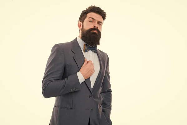 Businessman or host fashionable outfit isolated white. Classy style. Man bearded hipster wear classic suit outfit. Formal outfit. Take good care of suit. Elegancy and male style. Fashion concept