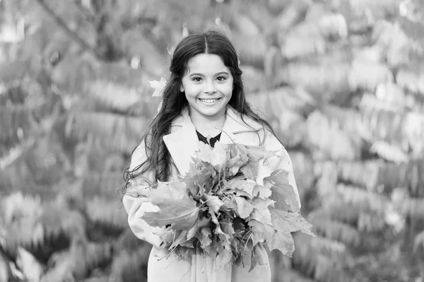 Seja elegante. Pouco fashionista no desgaste elegante. Menina feliz sorrindo com folhas de outono. Menina feliz no dia de outono. Estilo outono meninas. Estilo é um estado de espírito e individualidade — Fotografia de Stock