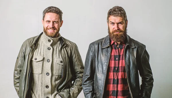 Bully team. Brutal men wear leather jackets. Men brutal bearded hipster. Handsome stylish and cool. Masculine and brutal friends. Masculinity and brutality. Feel confident in brutal leather clothes — Stock Photo, Image