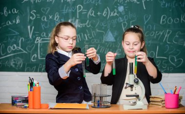 Doğa bilimleri derinlemesine çalışma ile Gymnasium öğrencileri. Okul projesi soruşturması. Okul deneyi. Kızlar okul üniforması hipotezlerini kanıtlamak için heyecanlıydı. Yetenekli çocuklar için okul