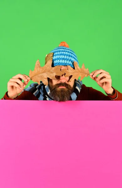 Man met warme hoed sluit ogen met eiken bladeren — Stockfoto