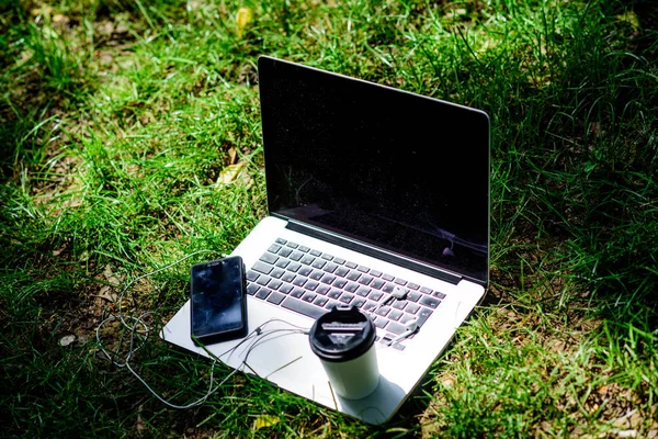 university students life. Online shopping. agile business. Online study. working place outdoor. Free music. computer with headset of mobile phone and coffee to go on green grass. summer vibes. Relax