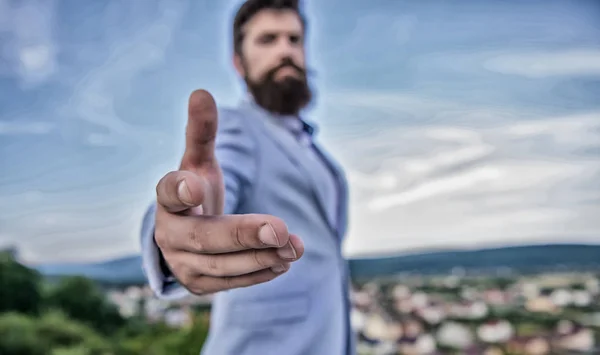 Join my business. Business connections. Hand of businessman offer hand for handshake blue sky background. Handshake friendly gesture or opportunity. Come on. Business opportunity networking