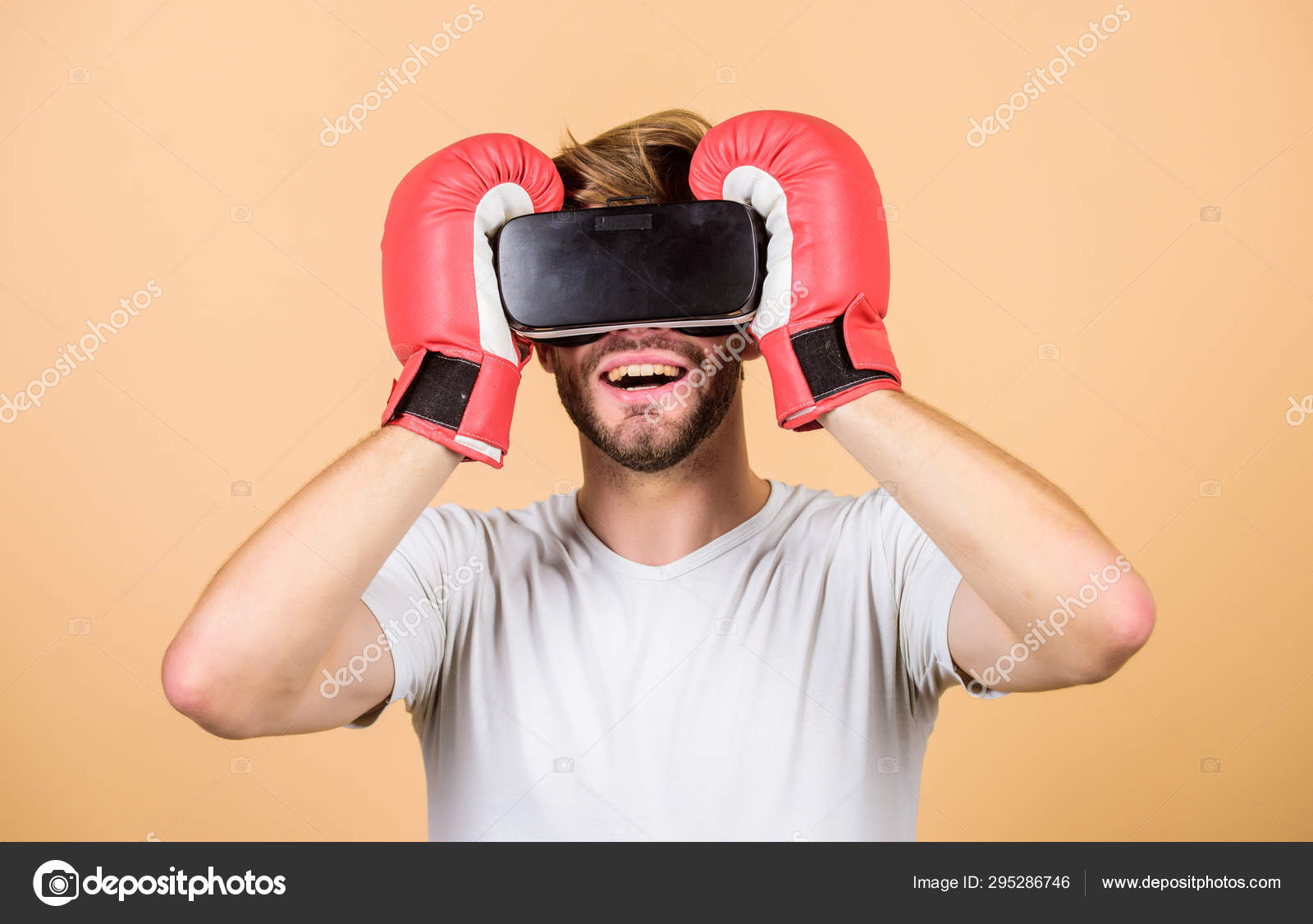 Cyber sport concept. Cyber coach online training. Cyber sportsman boxing gloves. Augmented 3D world. Man boxer virtual reality headset simulation
