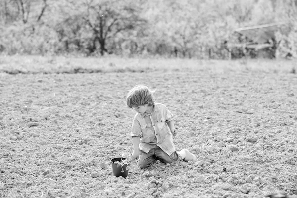 Landwirtschaft und Landwirtschaft. Tag der Erde. Neues Leben. Sommerhof. Glücklicher Kindergärtner. Botaniker. Frühlingszeit. Umwelt und Umweltschutz. Kleines Kind beim Pflanzen einer Blume. Mein Job ist meine Leidenschaft — Stockfoto