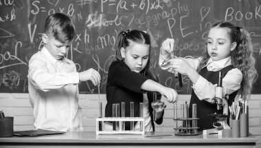 Sıvı durumların incelenmesi. Grup okulu öğrencileri kimyasal sıvılar üzerinde çalışıyor. Okul laboratuarı. Kızlar ve erkek sıvılar ile deney yapmak. Takım çalışması konsepti. Renkli sıvı maddeler ile test tüpleri