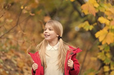 Bu sonbahar gününde korumalı hissediyor. Mutlu çocukluk. Sonbahar yaprakları ile küçük çocuk. Sonbahar ormandaki mutlu küçük kız. Sonbahar moda. Çok güzel. Özgür ve rahat hissediyorum. Takip et beni