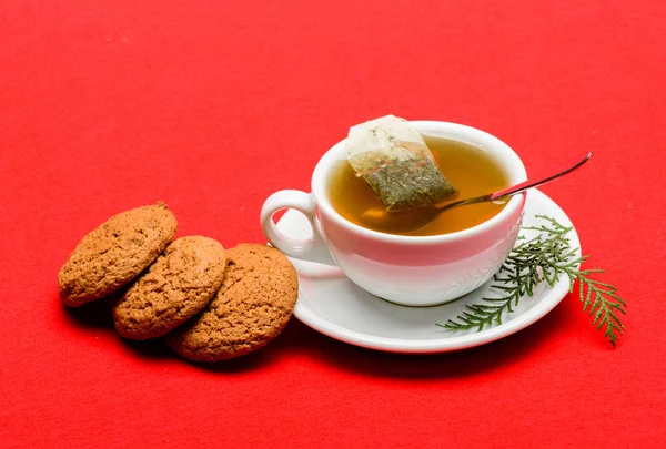 Health care folk remedies. Cafe restaurant menu. Cup of tea on red background close up. Herbal or green tea. Ceramic cup hot fresh brewed tea beverage. Warm winter beverage. Gourmet delicious taste