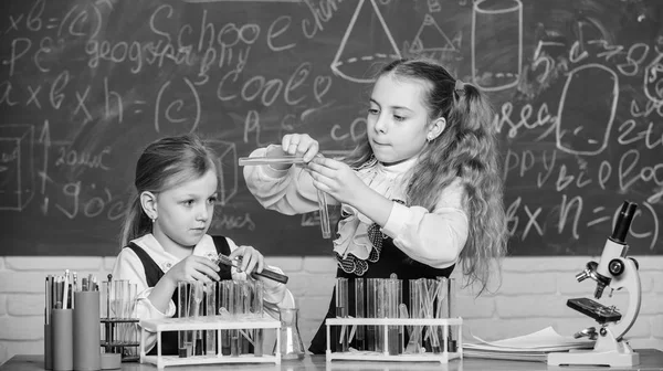 Equipo escolar para laboratorio. Chicas en la clase de química escolar. Compañeros de laboratorio. Niños ocupados con el experimento. Análisis químico y reacción de observación. Tubos de ensayo con sustancias coloridas — Foto de Stock