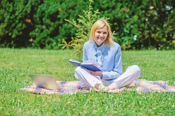 Business lady freelancer work outdoors. Online business ideas concept. Woman with laptop or notebook sit on rug green grass meadow. Business picnic concept. Steps to start freelancing business