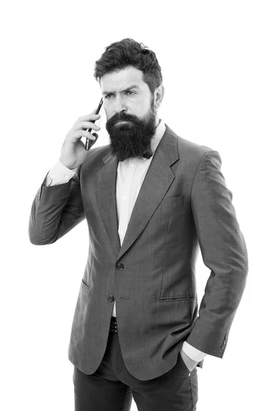 Young perfectionist. man speak on phone. business communication. Agile business. mature man. success deal. Business talk. bearded businessman in suit. Always available. Talking business details — Stock Photo, Image