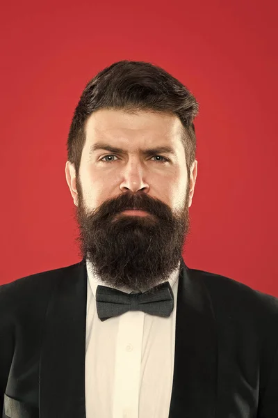 Man bearded hipster wear classic suit outfit. Classy style. Take good care of suit. Elegancy and male style. Businessman or host fashionable outfit on red background. Fashion concept. Formal outfit — Stock Photo, Image