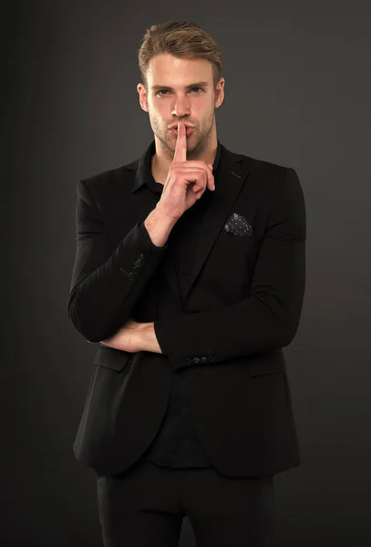 Man elegant manager wear black formal outfit on dark background. Reasons black is the only color worth wearing. Elegance in simplicity. Rules for wearing all black clothing. Black fashion trend