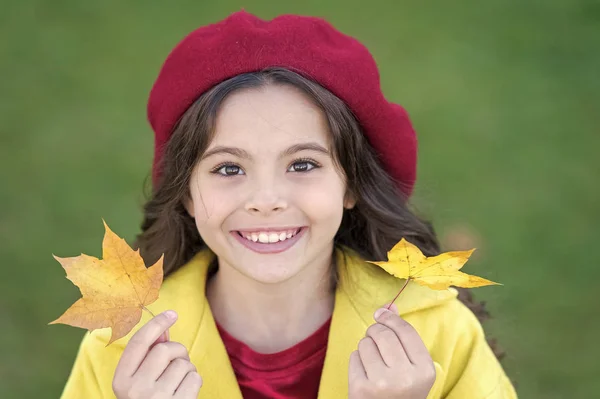 Маленька дівчинка посміхається обличчям тримає кленове листя. Дитина з осіннім кленовим листям ходить. Осінній затишок навколо. Маленька дівчинка захоплювалася осіннім сезоном. Поради щодо перетворення осені в кращий сезон — стокове фото