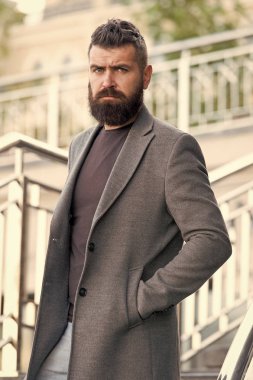 Kentsel moda. Adam hipster şık moda ceket veya ceket sakallı. Rahat kıyafet. Hippi moda model açık havada. Şık casual kıyafet bahar mevsimi. Erkek giyim ve erkek moda kavramı