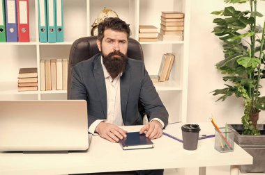 Ofis rutini. İş çözümlerinden sorumlu işadamı. İş stratejisi geliştirmek. Riskli bir iş. Adam sakallı hipster patron dizüstü bilgisayar ile ofis oturup. Yönetici iş sorunlarını çözme