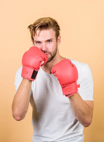 Motivated for victory. Sportsman boxer with gloves. Boxing concept. Man athlete boxer concentrated face. Boxer practice fighting skills. Boxer handsome strict coach. Strong muscles equal weapon — Stock Photo, Image