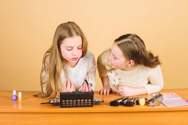 Renkli uzmanlar. Renkli makyaj malzemeleri kullanan sevimli makyaj sanatçıları. Tatlı küçük kızlar göz farı paleti sürüyor. Kozmetik renkler ve pigmentler