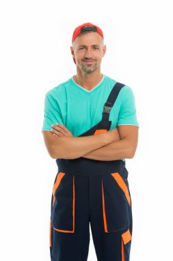 Çekici yükleyici. Tamirci servisine yardım et. Adam yardımsever işçi. Onarım ve yenileme. Üniformalı adam. İnşaatçı düzenli işçi. Tamirci servisi konsepti. Becerikli profesyonel meslek