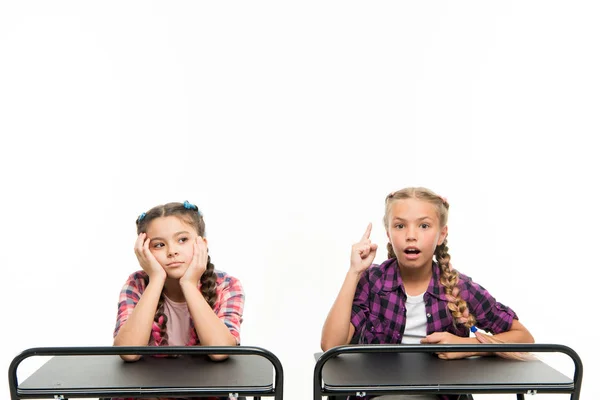 Alternatief onderwijs idee. Leuke kinderen zitten op bureaus geïsoleerd op wit. Kleine meisjes leren in de school van het lager onderwijs. Kleine kinderen krijgen formeel onderwijs. Verplichte educatie is gratis — Stockfoto