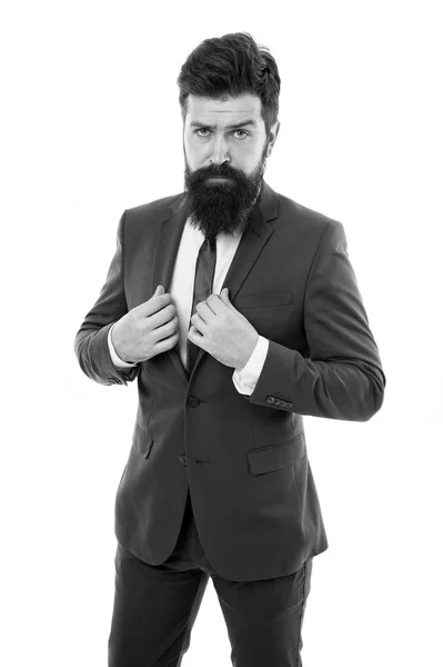 Hipster with beard formal suit office worker. Businessman formal suit. Modern businessman ofiice worker. Office life concept. He knows who is boss here. Bearded man confident posture isolated white — Stock Photo, Image