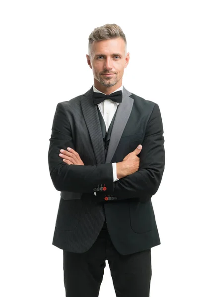 Modegeschäft. Mietservice. Elegantes Mode-Outfit für die Veranstaltung. Gentleman modernen Stil. Kerl gepflegt gut aussehende Macho tragen Smoking. Friseur Bräutigam. Modebekleidung. Moderner Trend. Maßanzug — Stockfoto