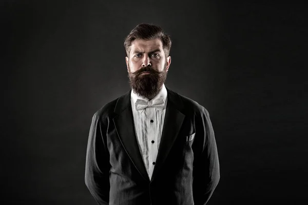 Classic never out of trend. Menswear classic outfit. Bearded man with bow tie. Well dressed and scrupulously neat. Hipster formal suit tuxedo. Official event dress code. Male fashion. Classic style — Stock Photo, Image
