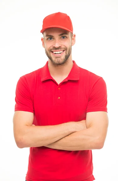 Cheerful cashier. Delivery service. Restaurant cafe staff wanted. Man unshaven hipster wear cap cashier uniform white background. Cashier concept. Salesman cashier career. Hiring shop store worker — Stock Photo, Image