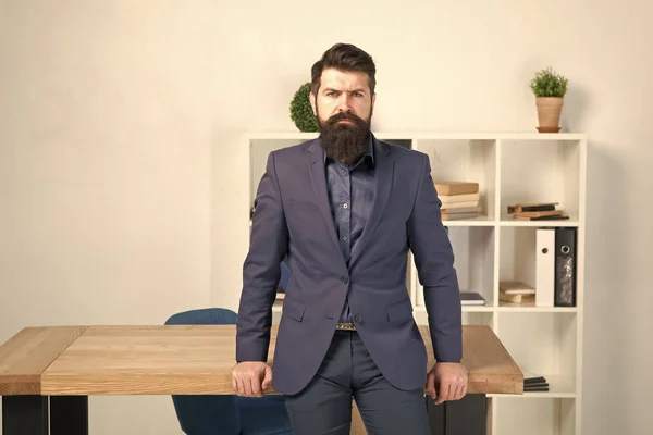 Male fashion in business office. Confident brutal man manager. Bearded man manager. Mature hipster with beard. Business. Modern businessman. Businessman in formal suit. Serious man manager — Stock Photo, Image