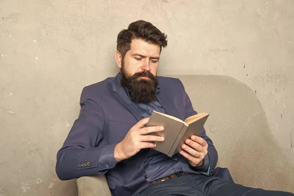 Reading authority business book. Business experience. Decision making part management. Man bearded businessman thoughtful face inspired by book making decision. Business decision. Useful information