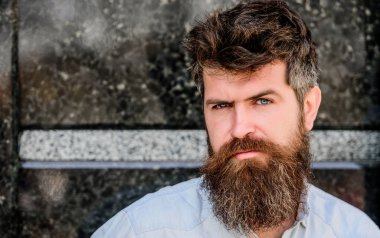 Yakışıklı adamın kendine güvenen duruşu. Uzun sakallı erkeksi bir görünüm. Berber konsepti. Sakal tımarı. Sakal bakımı. Erkeklik ve erkeklik. Adam çekici sakallı hipster açık havada poz