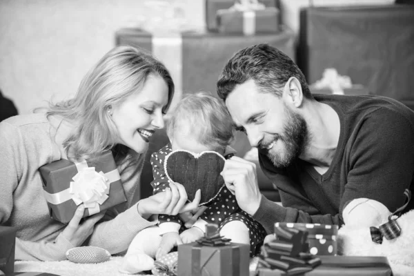 Hearts filled with love. Family celebrate anniversary. Couple in love and baby daughter. Valentines day concept. Together on valentines day. Lovely family celebrating valentines day. Happy parents
