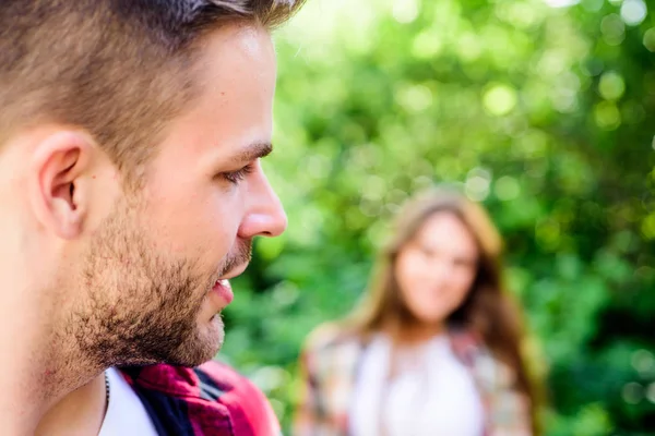 Couple outdoors nature defocused. Couple in love meeting. Couple relationship. Follow me. Put yourself forward in way that is respectful to women while still being outgoing. Starting relationship — Stock Photo, Image