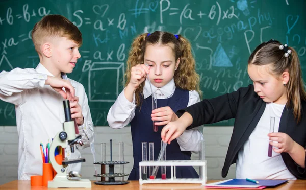 Lekce ze školní chemie. Zkumavky s látkami. Formální vzdělání. Školní laboratoř. Školní žáci studují chemické kapaliny. Studenti a chlapeček provádějí školní experimenty s tekutinami — Stock fotografie