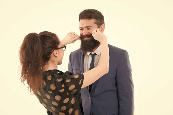 Flirting with boss. Seductive secretary. Business partners man with beard and woman flirting business conference or meeting. Boss and attractive lady assistant white background. Business relations