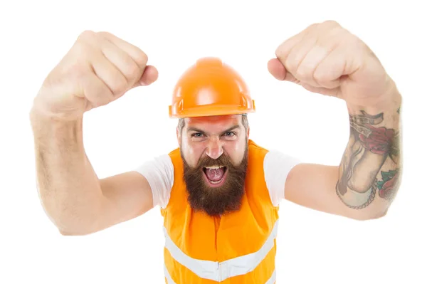 Yes we can. Man engineer protective uniform white background. Engineering career concept. Architect builder engineer. Safety apparel for construction industry. Bearded brutal hipster safety engineer — Stock Photo, Image