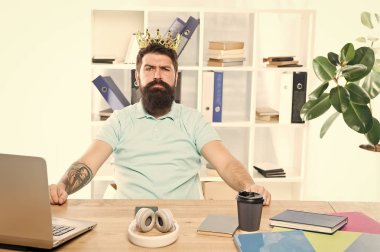 Worker of month. Office is my kingdom. King of office. Man bearded businessman wear golden crown. Top manager head office. Boss enjoying glory. Head office and ceo concept. Chief executive officer clipart