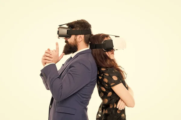 Business implement modern technology. Couple colleagues wear hmd explore virtual reality. Business partners interact in virtual reality. New opportunity. Modern software for business. Just imagine
