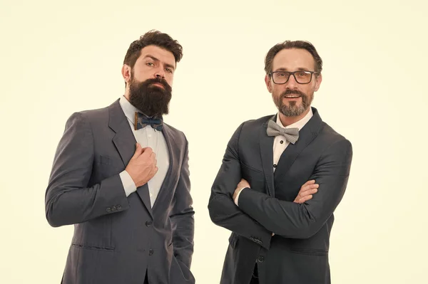 Glad to work with you. Bearded men. Mature hipsters with beard. Confident brutal men. Business. Modern businessmen. Formal businessmen. Man. Male in business office. Confident and successful team — Stock Photo, Image